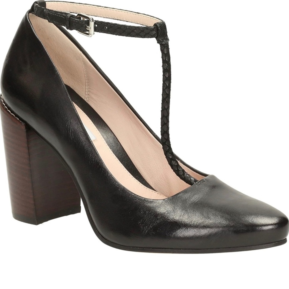 CLARKS | 8.5 | Black Leather Women's T-Strap with brown Heels